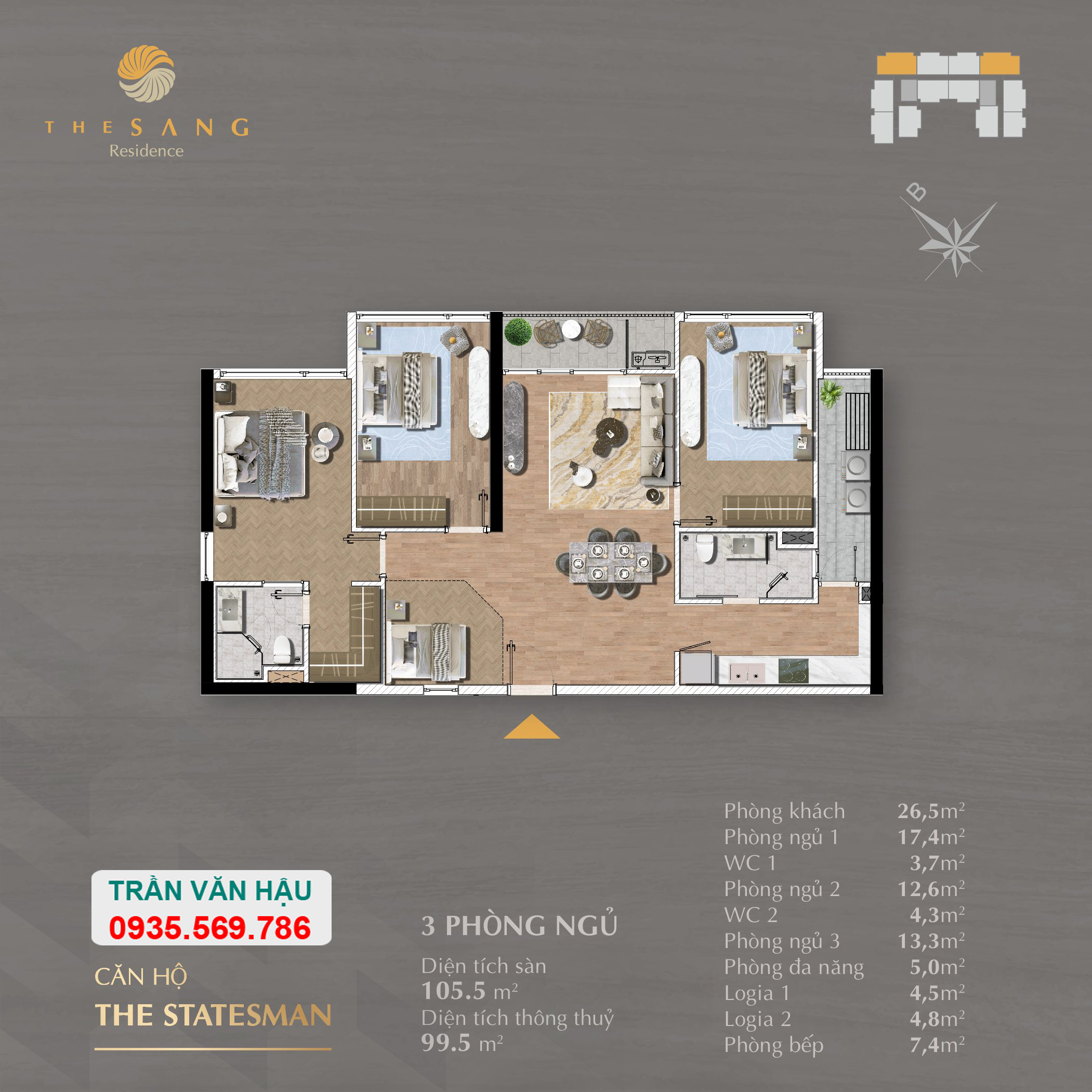 Thiết kế của căn 3 phòng ngủ dự án The Sang Residences Đà Nẵng